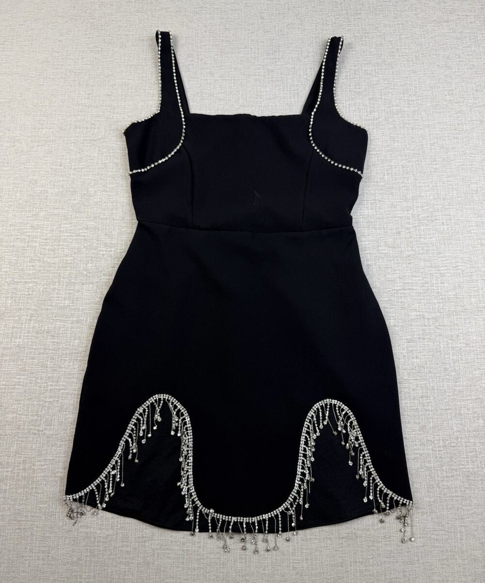 Zeynep Tosun x Trendyol Black Rhinestone Fringe Mini Dress Size 36